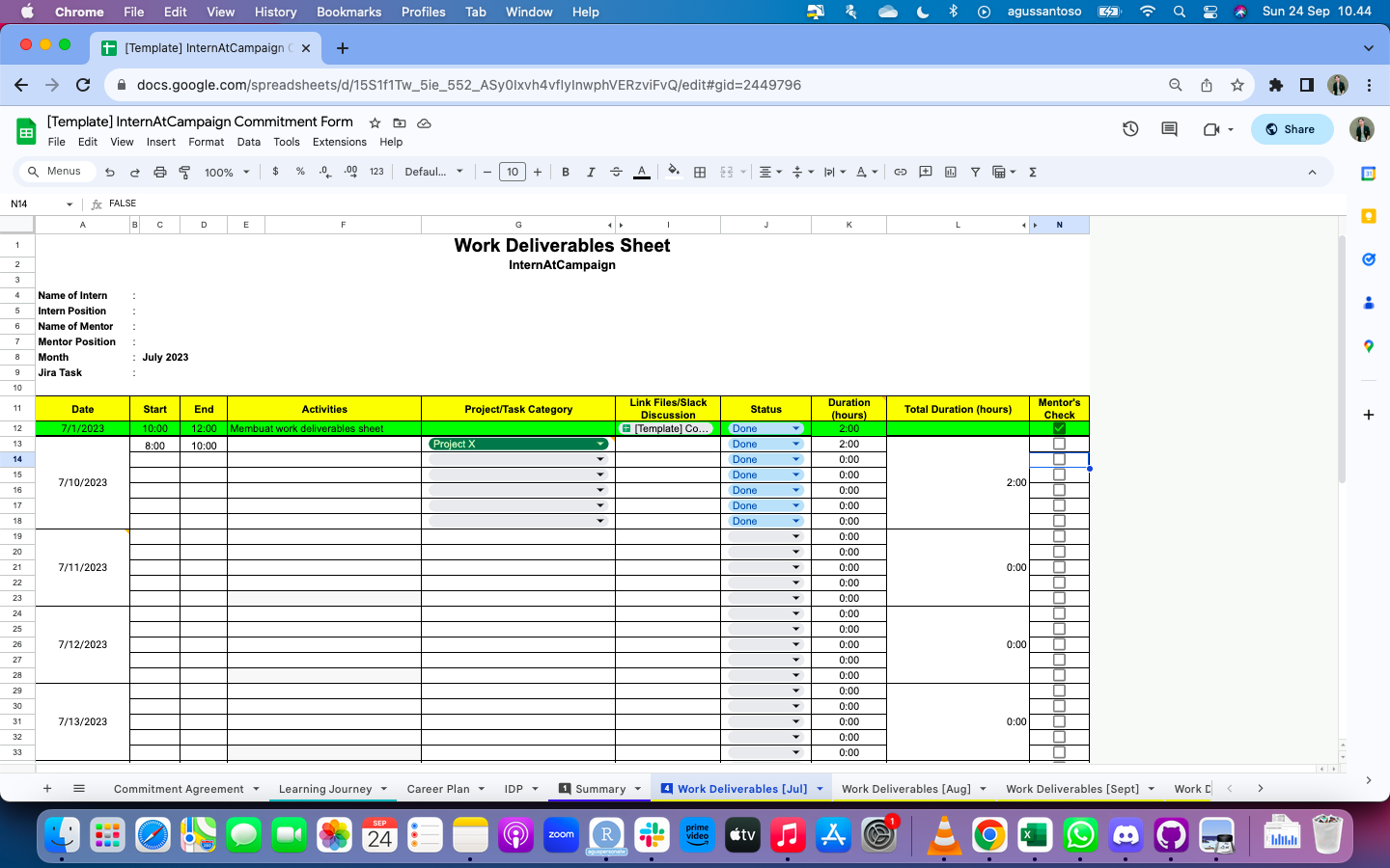 Fig. 1. Template Work Deliverables Sheet.